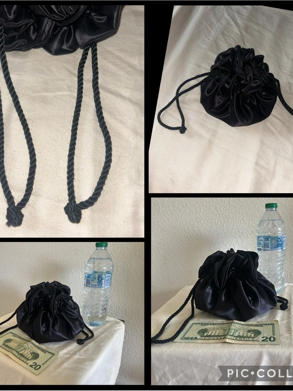 Black Satin Evening Drawstring Pouch W/ Two Elegant Evening Gloves